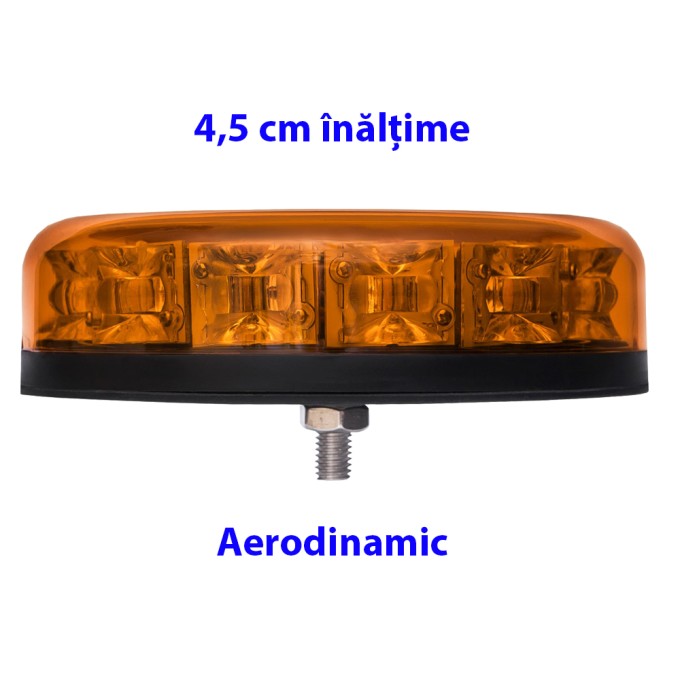 Girofar LED aerodinamic (doar 4,5 cm inaltime) 12-24V 12 LED-uri de 3W - 5 ani Garantie - 1 punct (ax filetat) de prindere